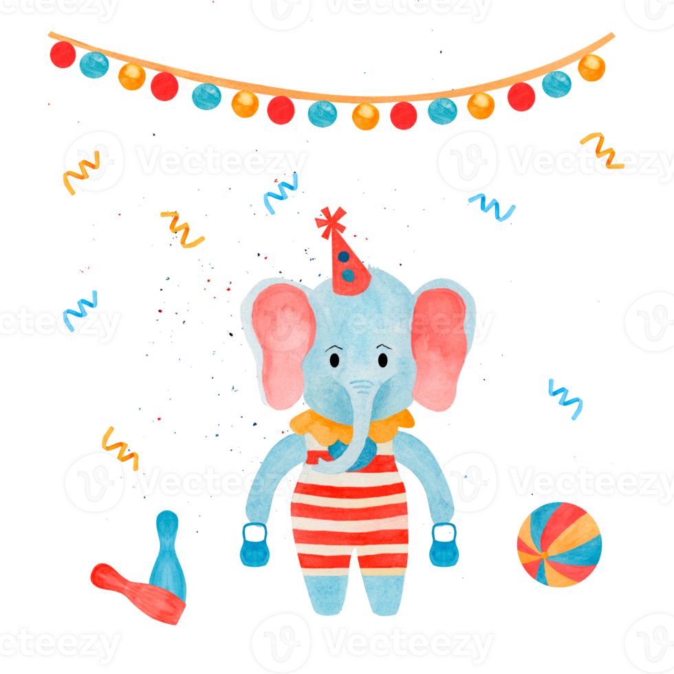 Watercolor circus elephant in a red retro tights, a strong man with kettlebells, ball and confetti, light garland on isolated background. Hand drawn illustration for kids and nursery, invitations. png