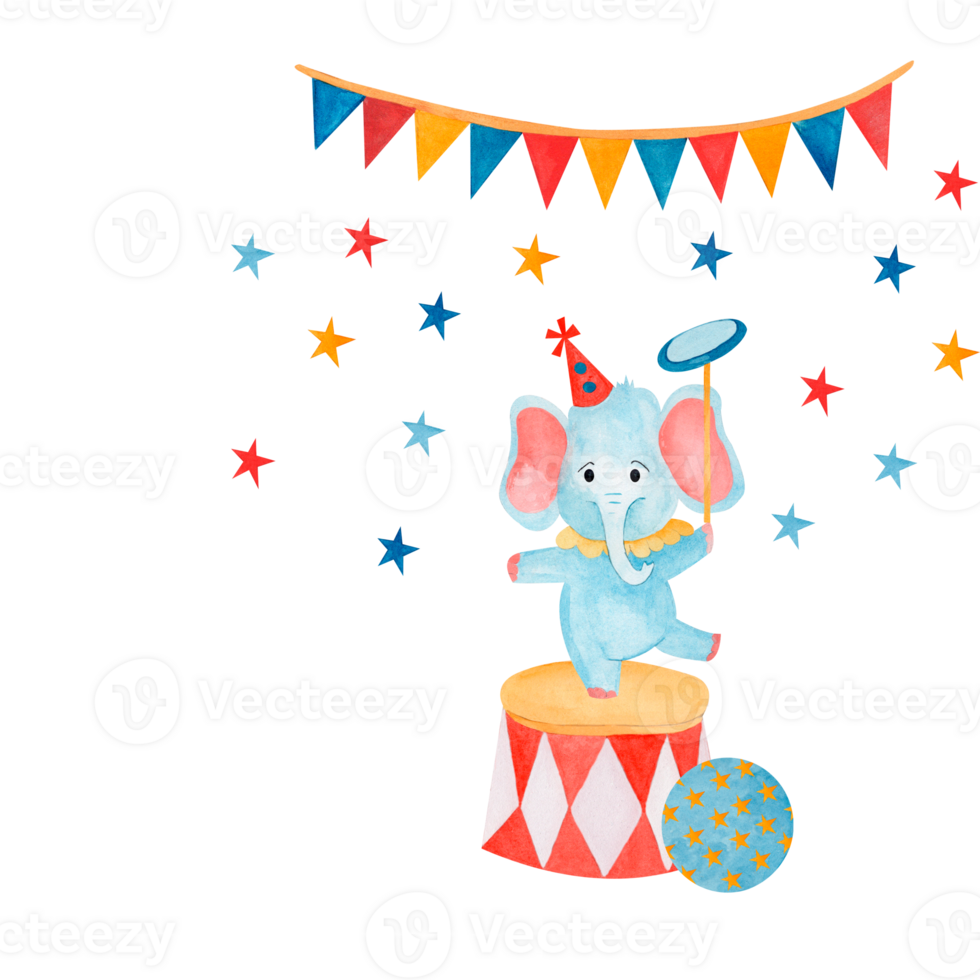 Watercolor circus elephant with ball and star confetti, flag garland on isolated background. Hand drawn illustration for kids and nursery, invitations, blogs, card templates, birthday and baby cards png