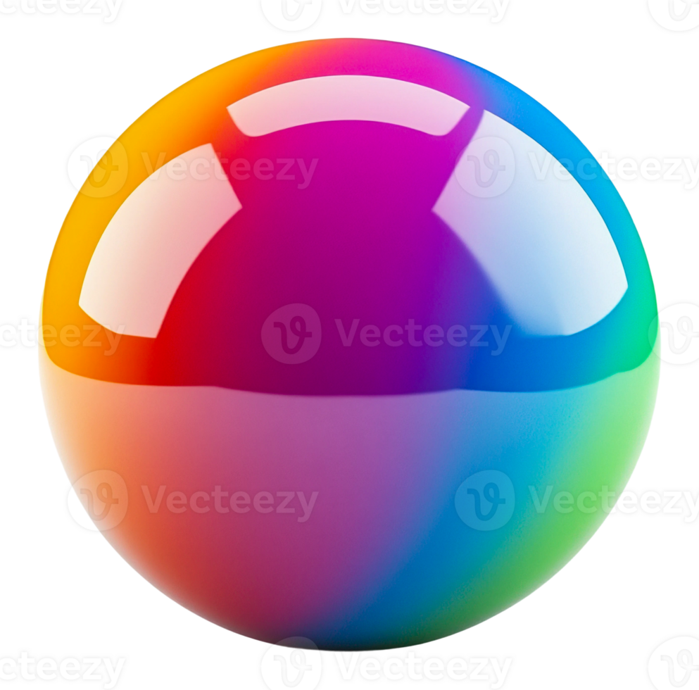 Vivid colorful sphere in reflective abstract digital environment isolated on transparent background png