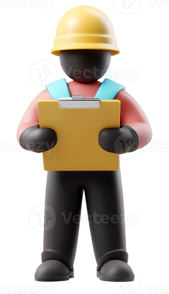 the image shows a 3d stylized figure of a worker against a plain backdrop. the worker is wearing a yellow safety hat and has dark colored limbs and a face png
