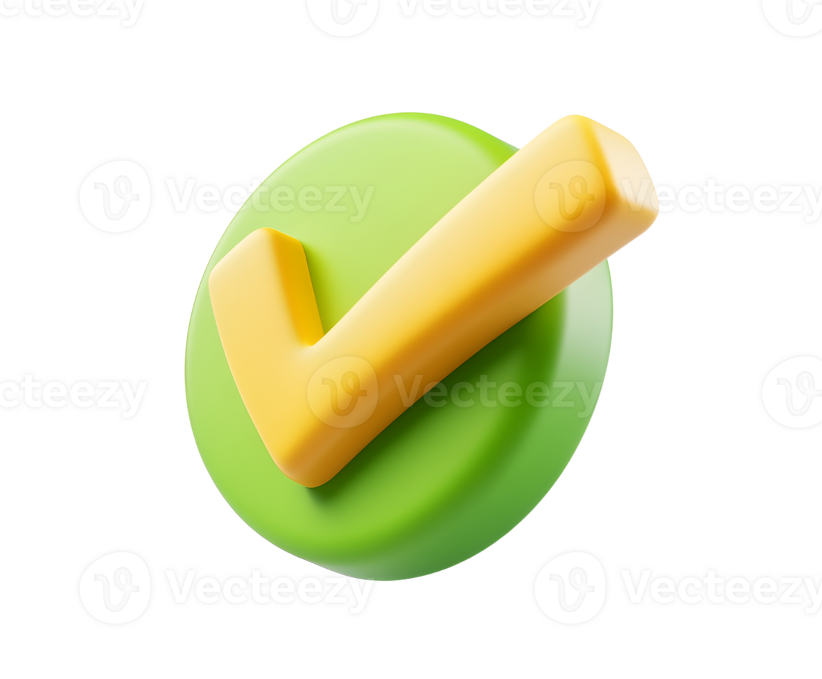 this is a close up of a rendered image against a plain backdrop. the focal point is a check mark in a yellowish hue situated atop a circular object in green png