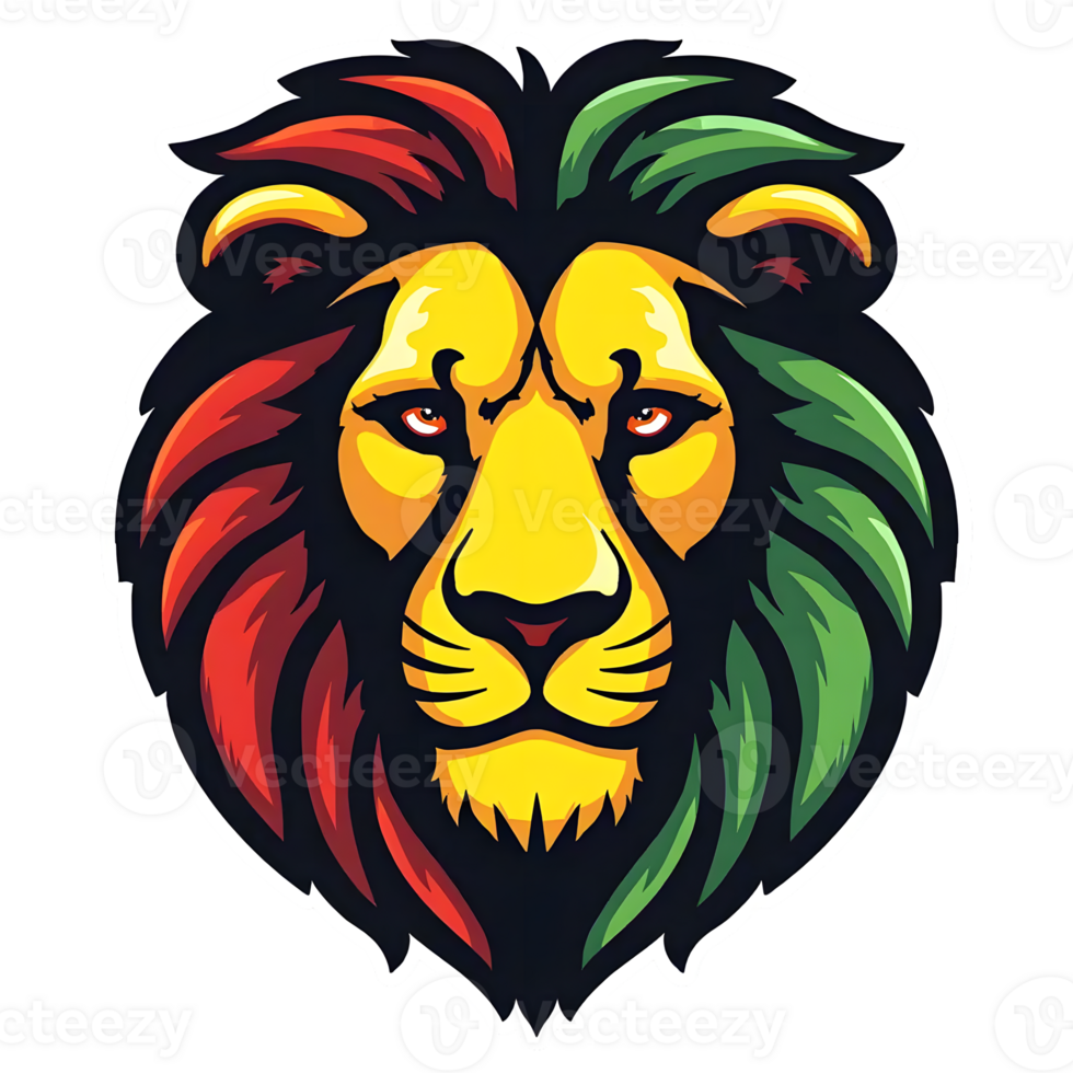 A front view of a colourful lion head with a black mane and a green and red face. png