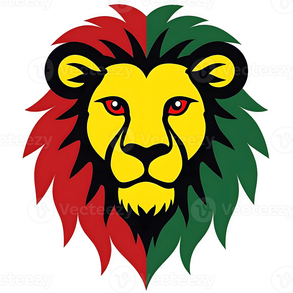 Front view of a colorful lion head with a black mane and green and red faces. png