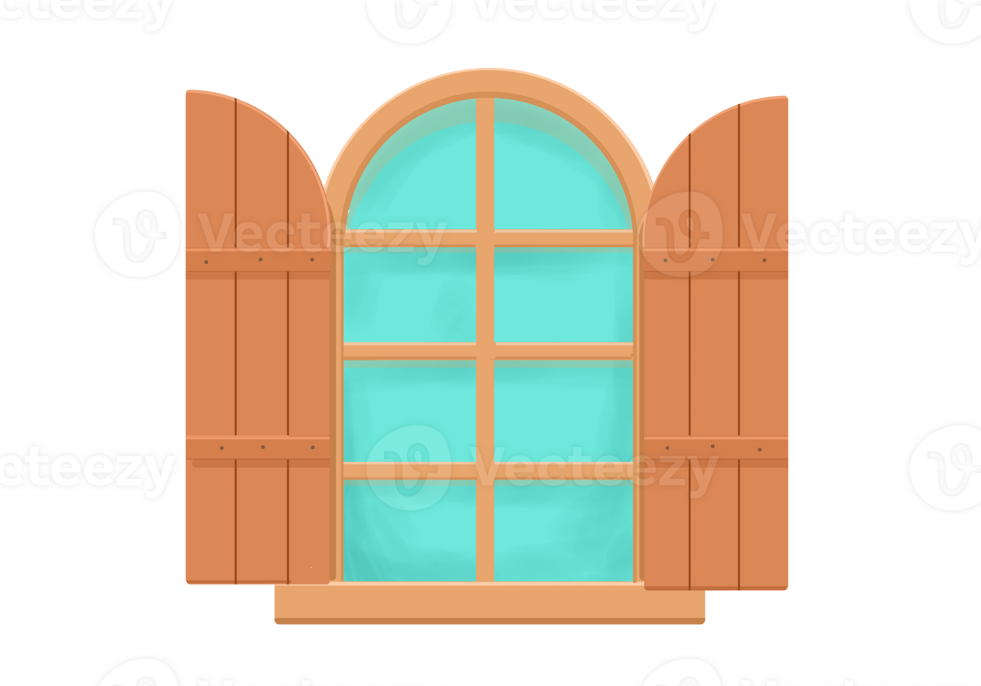 a wooden window with a green window frame and shutters png