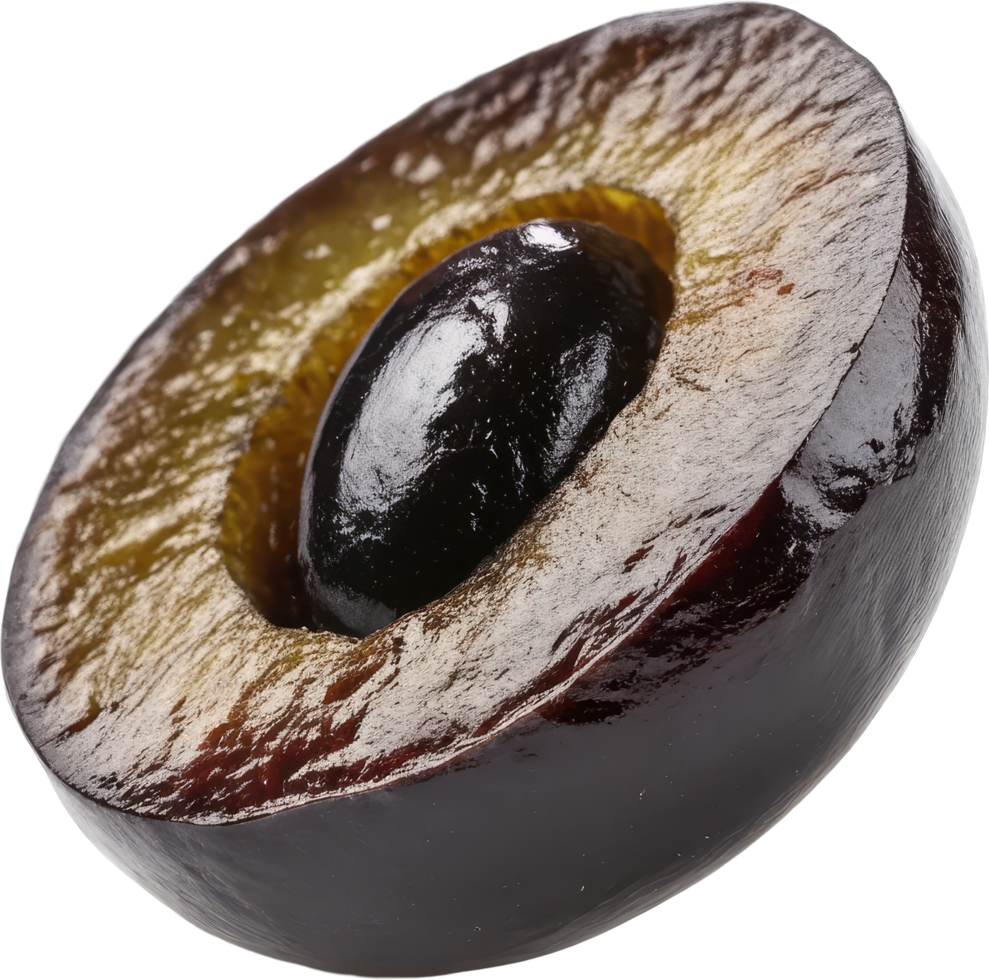 Close up of a single freshly sliced black olive revealing its distinctive pit and golden flesh png