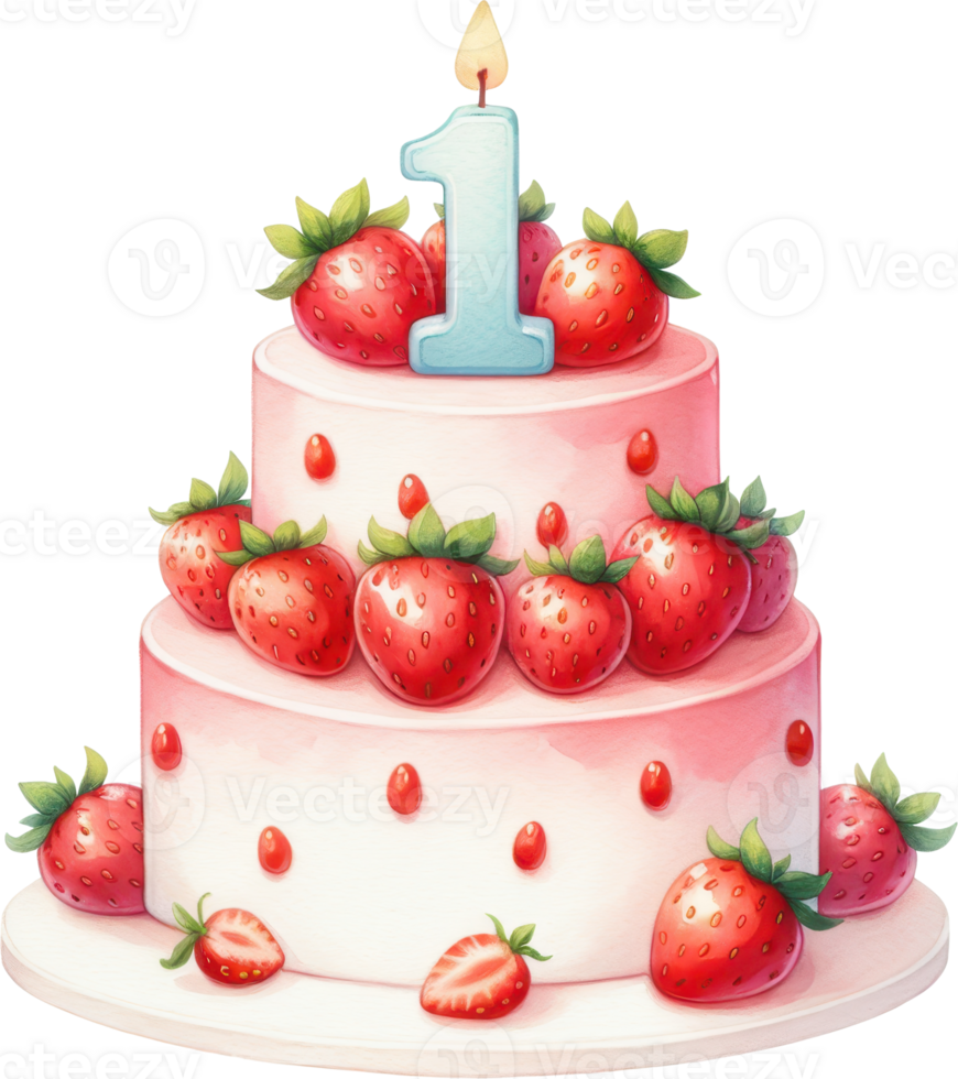 Strawberry birthday cake with one candle png