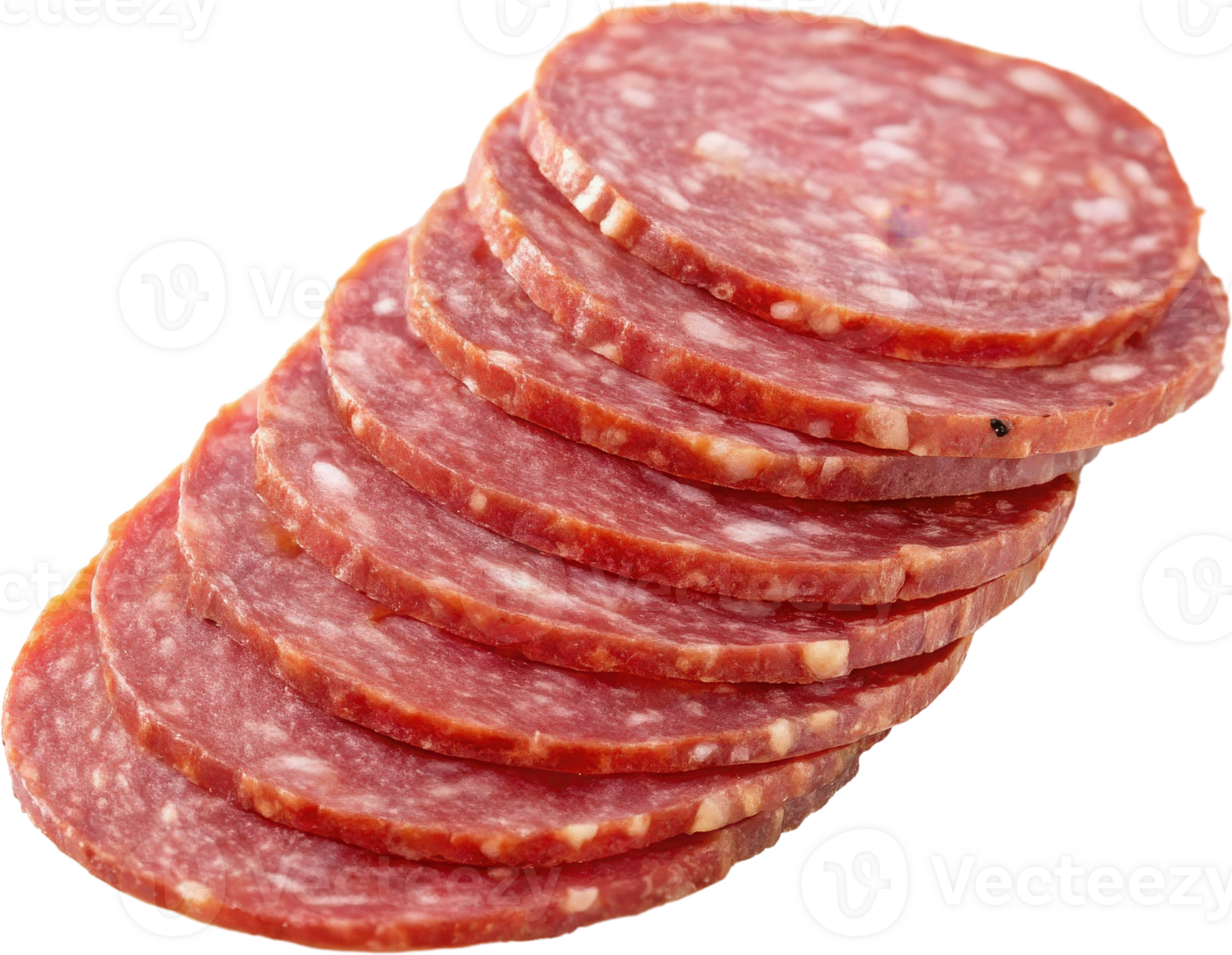 Stack of thinly sliced salami with visible fat specks png