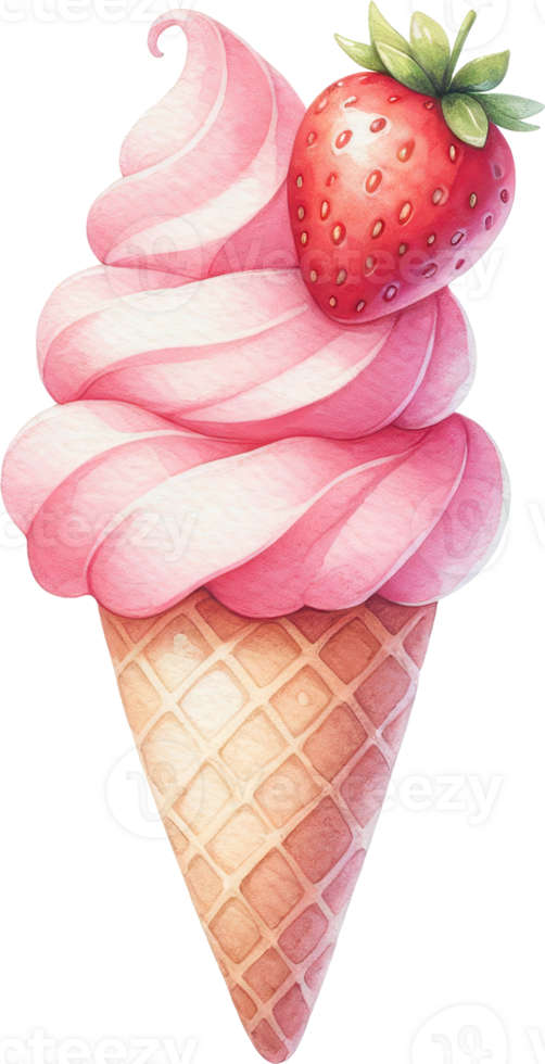 Delectable strawberry ice cream in a waffle cone png