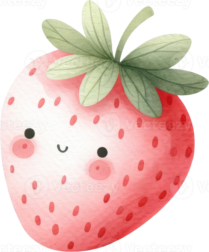 Whimsical and cheerful of a ripe red strawberry with a green leaf and a friendly smile png