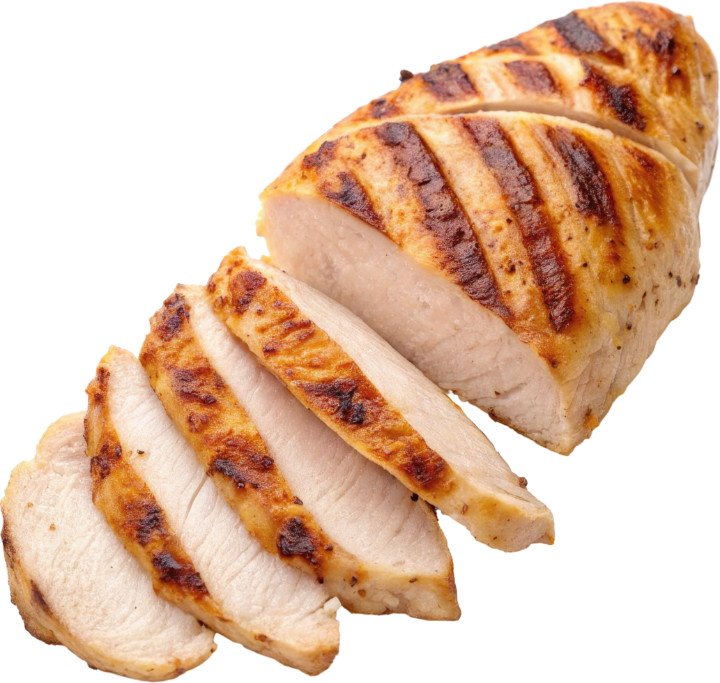 Juicy and tender grilled chicken breast with appealing char lines sliced and ready to serve as a delicious main course or part of a healthy meal png