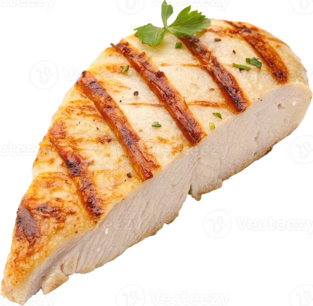 A succulent grilled chicken breast slice seasoned with herbs and spices garnished with fresh parsley png