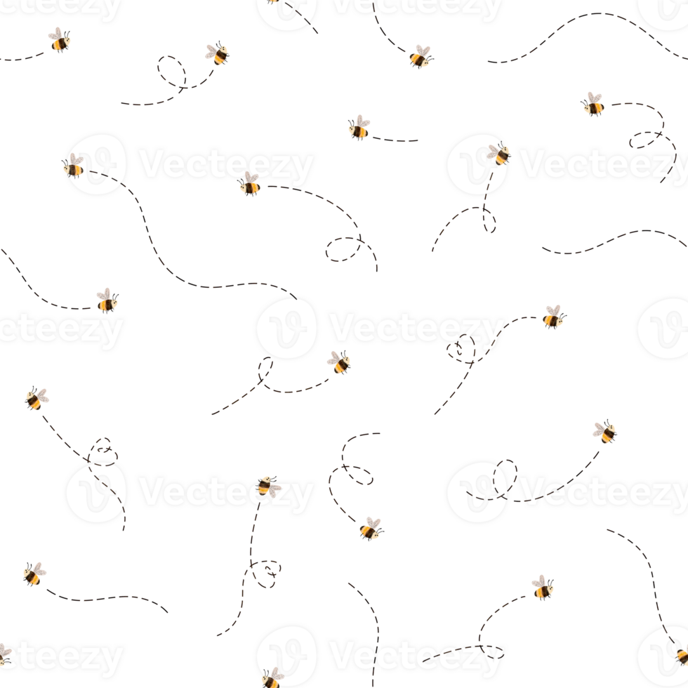 Seamless pattern with cute bees and dotted flight paths. Hand-drawn illustrations perfect for children's textiles, nursery decor, and playful designs. Bright, charming, and full of nature's whimsy. png
