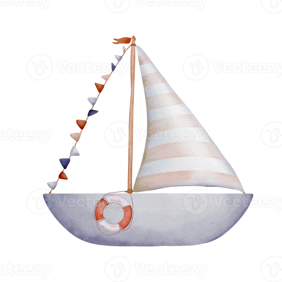 Watercolor illustration sailboat. Hand drawn flair sea boat with multicolor flags and beige striped isolated on background for babes production. Sketch of Boat or Sailing ship for childish design png
