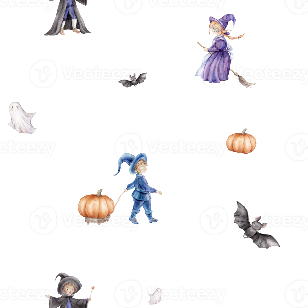 Seamless pattern for Halloween with wizard in a hat and cloak with a magic wand with stars, fairy or witch on a broomstick, ghost and pumpkin. Hand drawn fantasy repeat illustrations for kids' design png