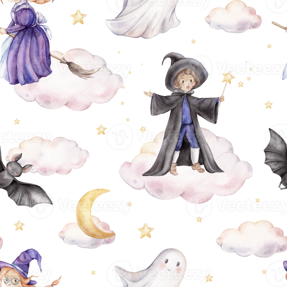 Seamless pattern for Halloween with wizard in a hat and cloak with a magic wand with stars, witch on a broomstick, bat and ghost on sky with clouds. Hand drawn fantasy illustrations for kids' design png
