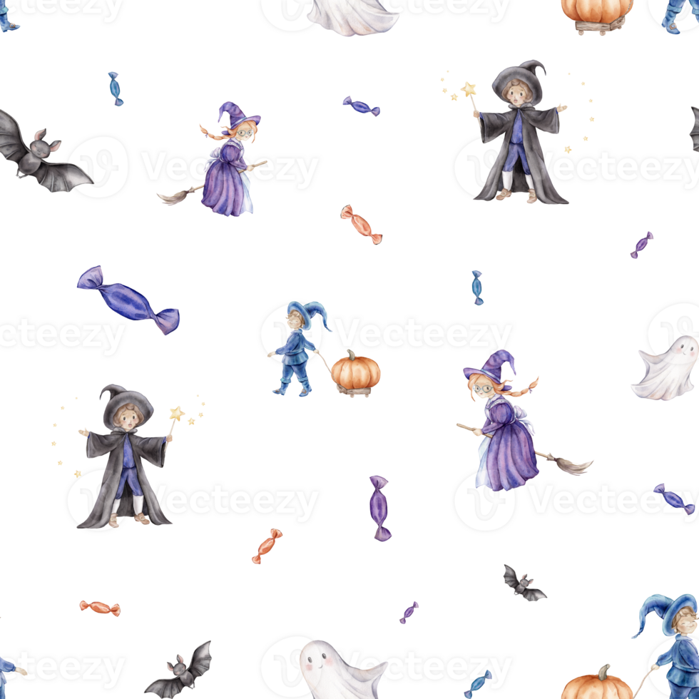 Seamless pattern Trick or treat for Halloween. Repeat background with wizard, fairy or witch on a broomstick, ghost and pumpkin. Hand drawn fantasy illustrations for kids' design png