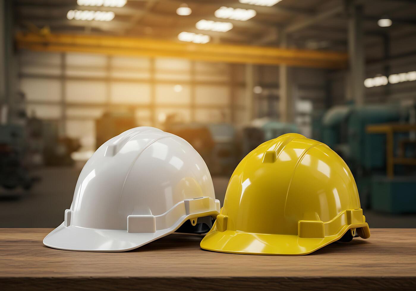 Two Safety Helmets Resting on a Wooden Surface in a Factory Sett photo