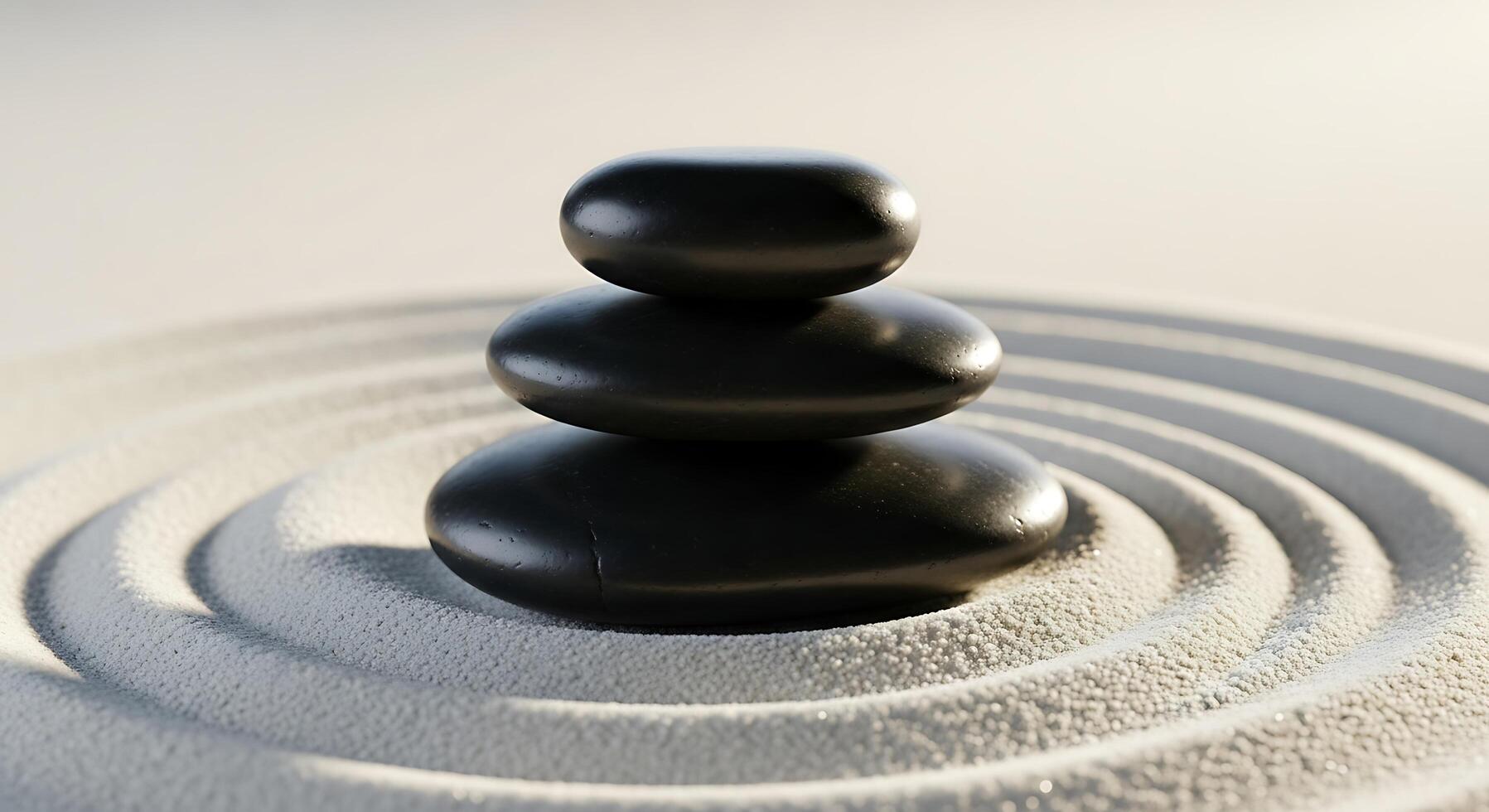 Stacked black stones on raked sand create a zen garden atmospher photo
