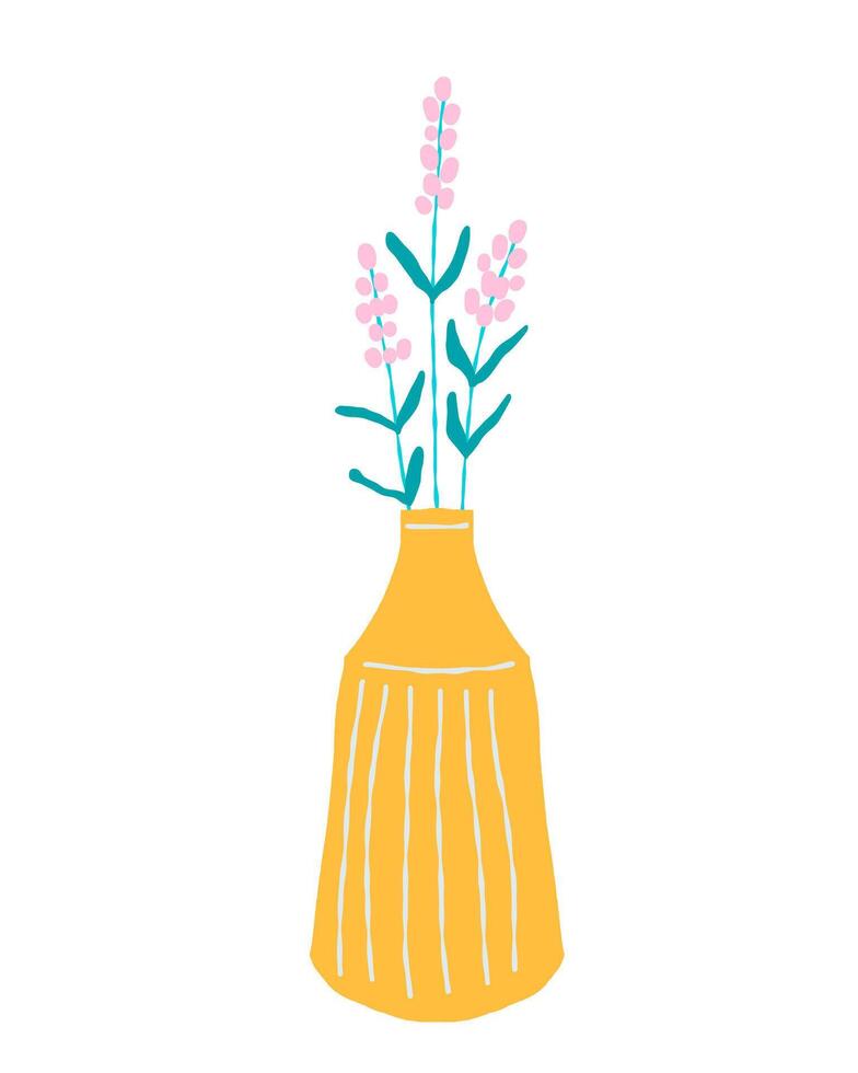 Hand drawn lavender bouquet in yellow vase, illustration for home decor and design, greeting card, banner, poster, label vector