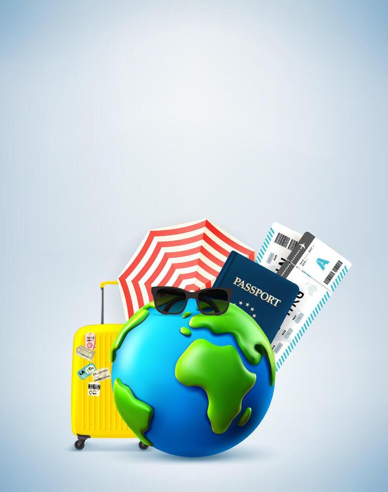 Summer travel concept with the Earth and travel elements. 3d banner with copy space vector