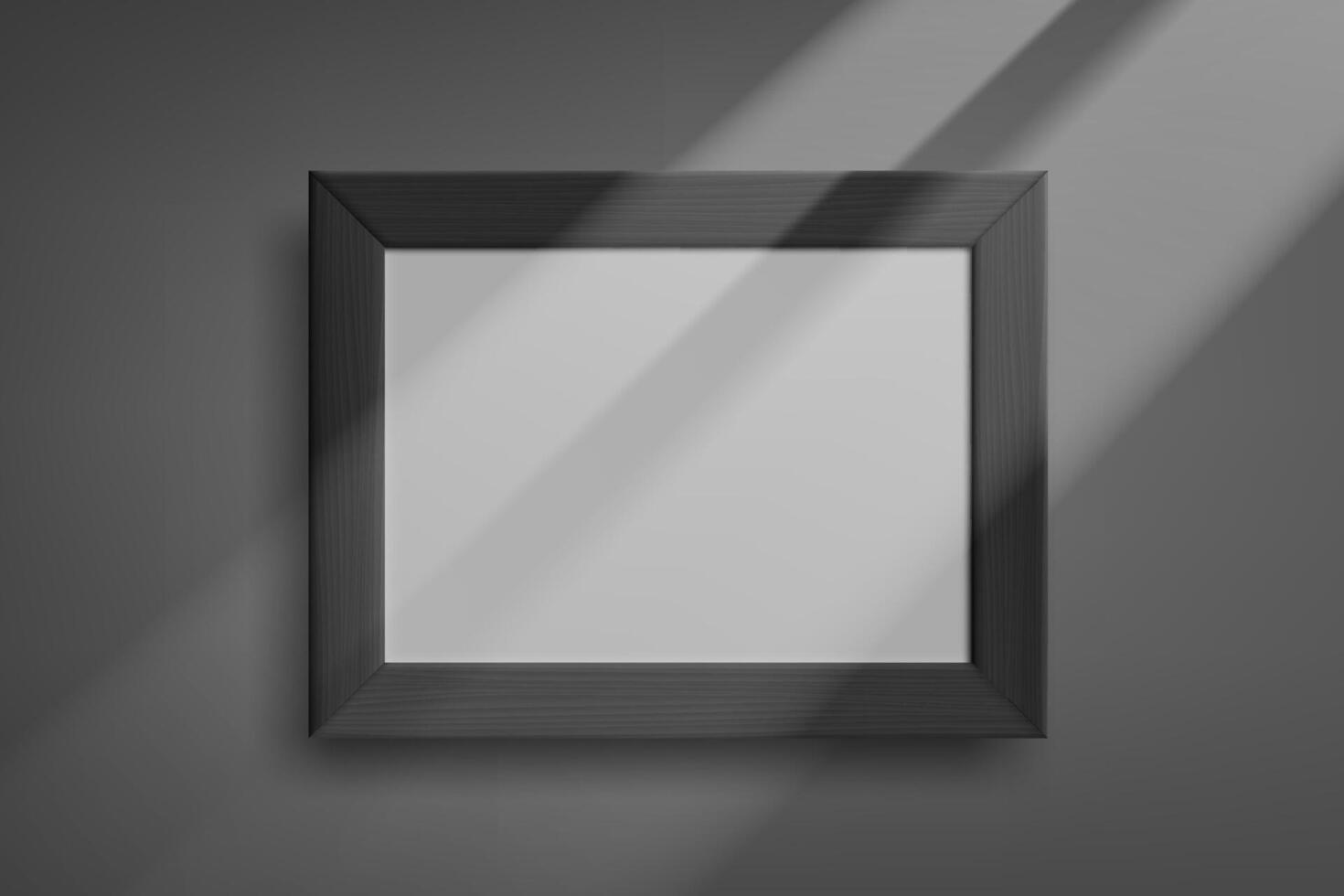 Black photo frame on dark wall with sun beam. 3d mockup vector