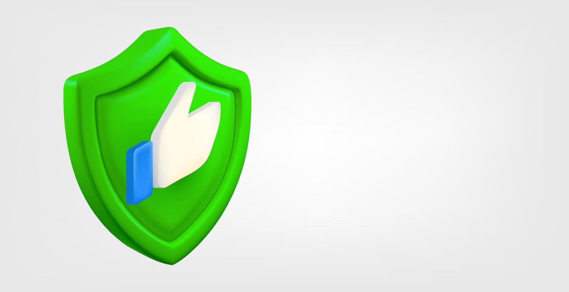 Green shield with thumbs sign isolated on grey background. 3d banner with copy space vector