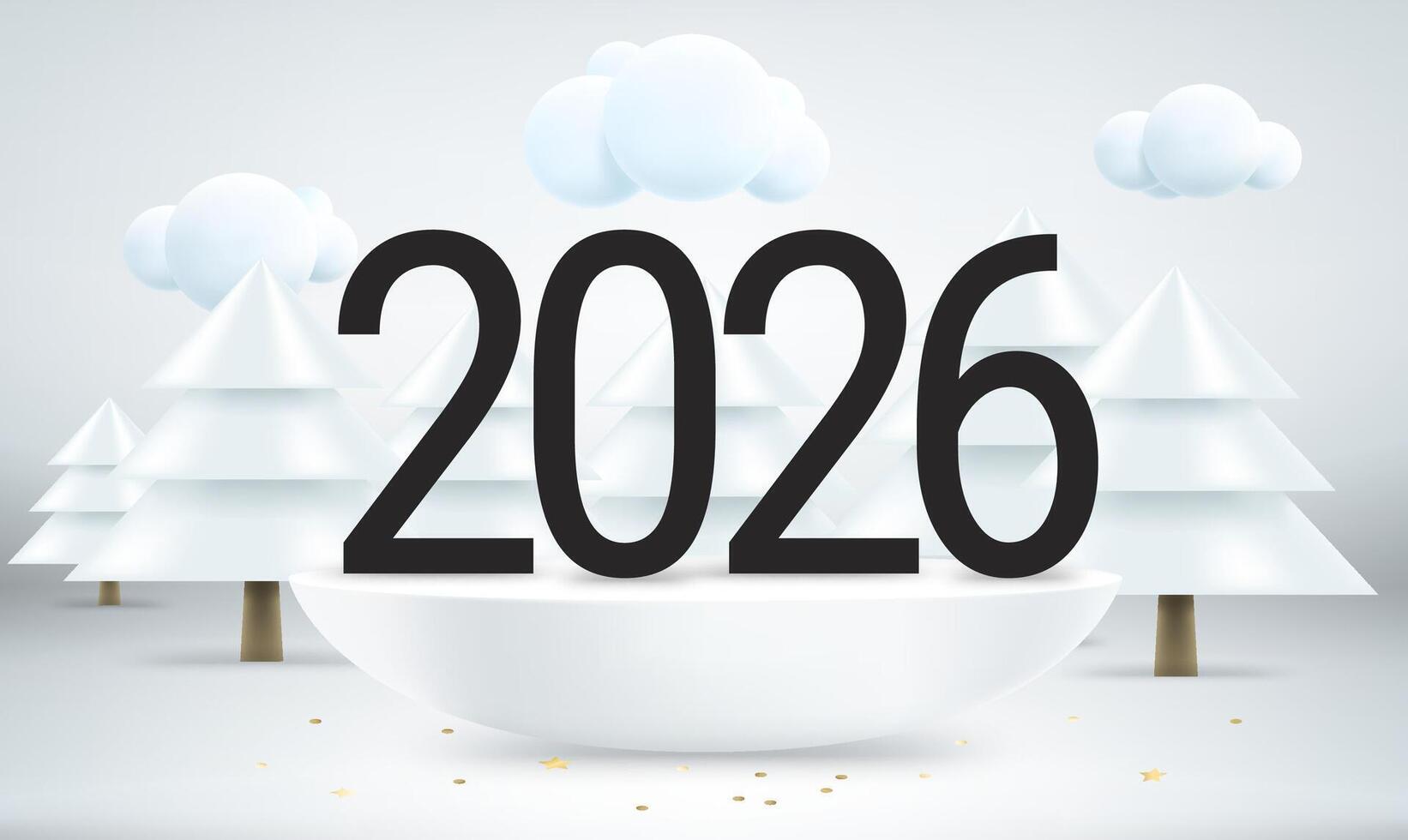 Happy new 2026 year greeting card. Composition with digits, podium and pines. 3d illustration vector