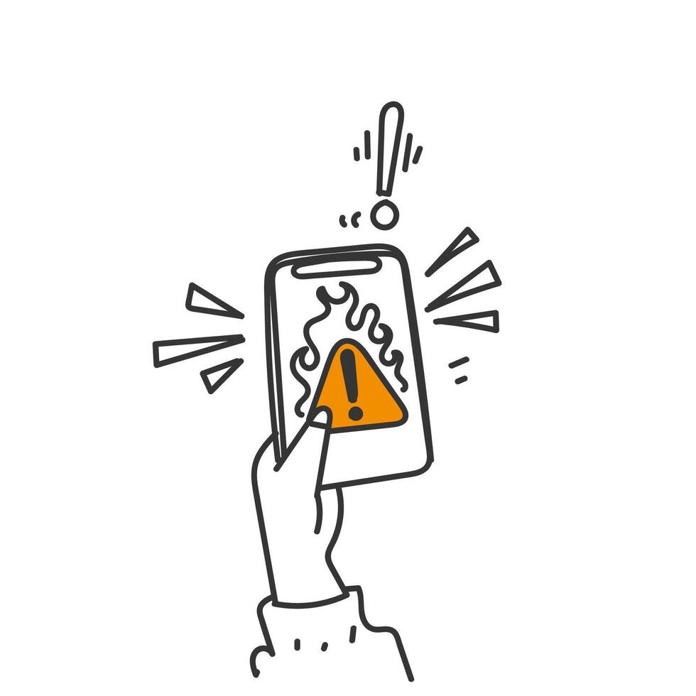 a hand holding a phone with a fire hazard warning vector