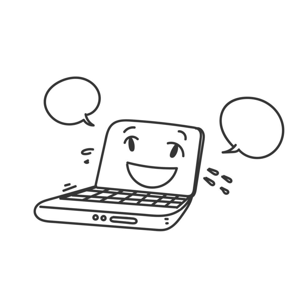 a cartoon laptop face with speech bubbles around it vector