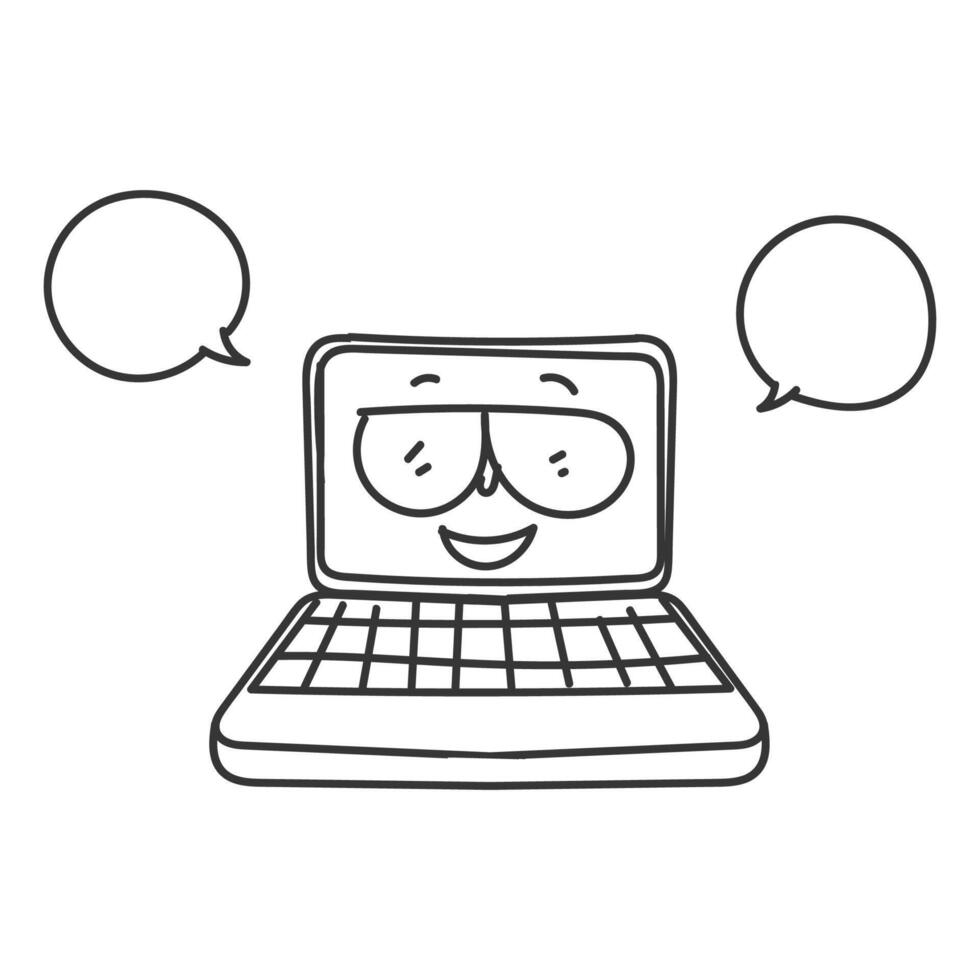 a cartoon laptop with speech bubbles above it vector