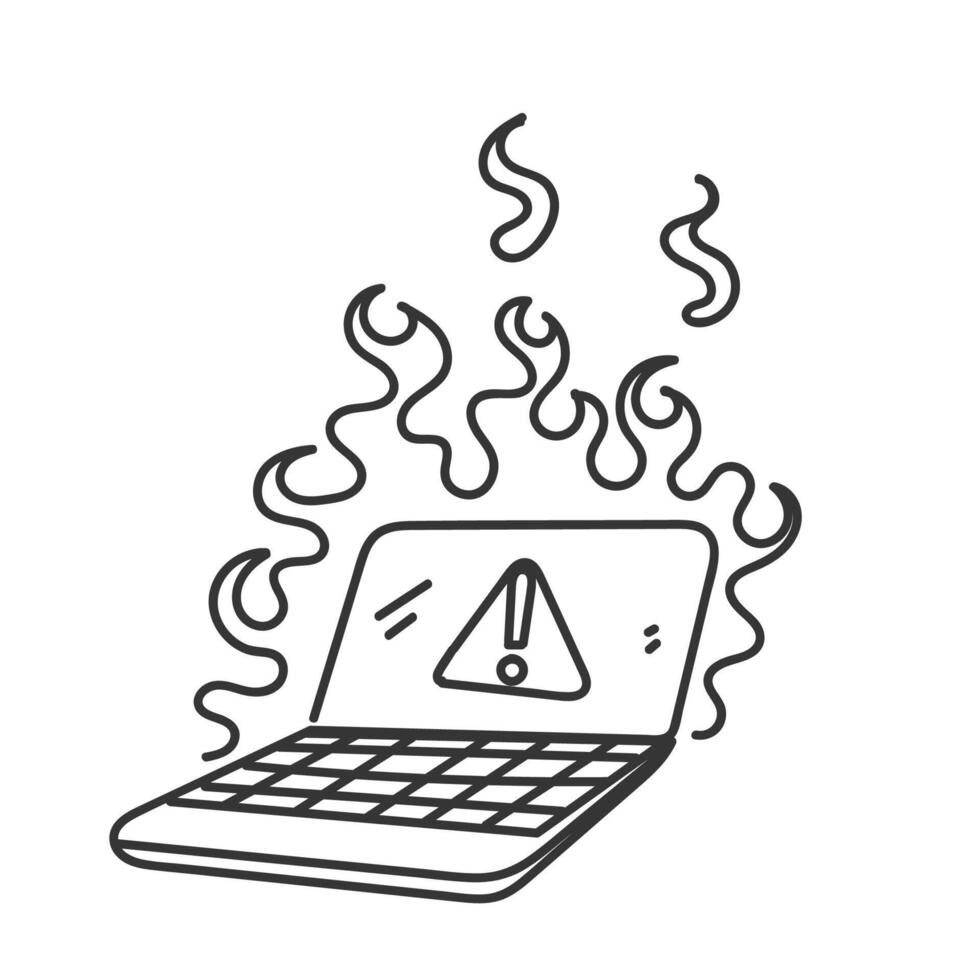 a laptop with a warning fire sign on it vector