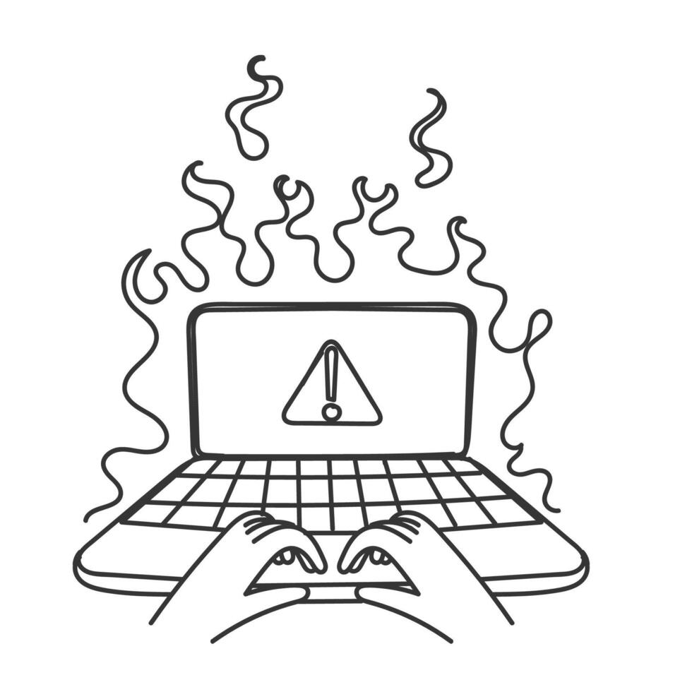 a hand holding a laptop with a warning sign on it vector