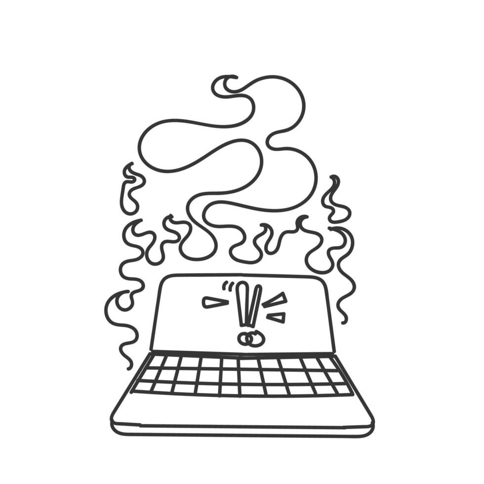 a drawing of a laptop with fire smoke coming out of it vector