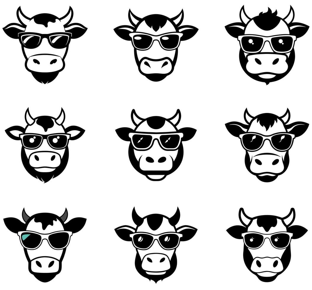 Cow Head with Sunglasses set vector