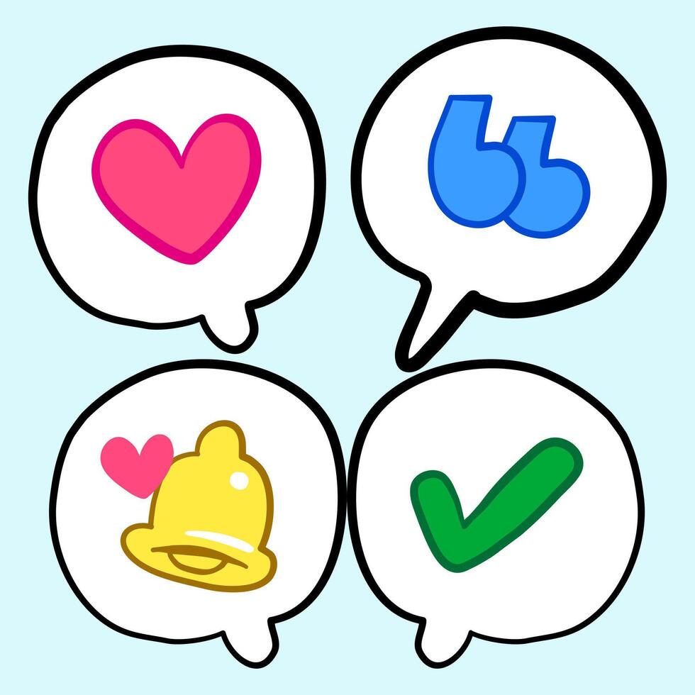 Quotation Marks Green Check mark Heart love message Bell Notification in Speech Bubble Icon, conversation chat social media graphic sign illustration vector