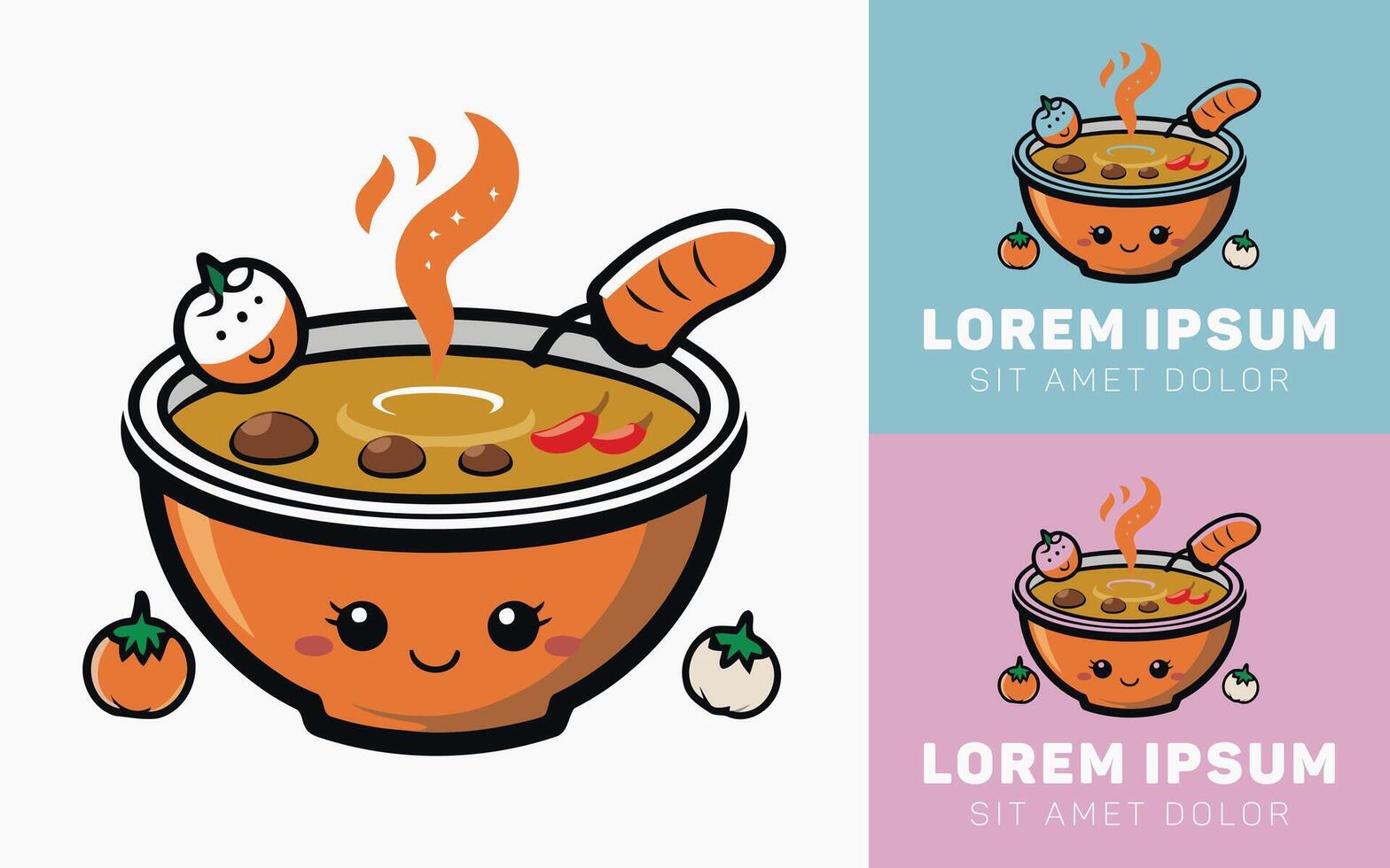 Cute Bowl of Curry with Chili Peppers and Happy Expression vector