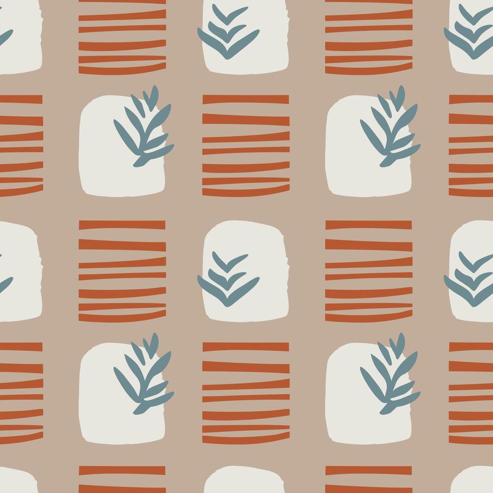 Seamless abstract geometric pattern with organic shapes lines plant motifs in earthy tones. Modern stylish background for fabric wallpaper home decor textile design contemporary aesthetic square vector