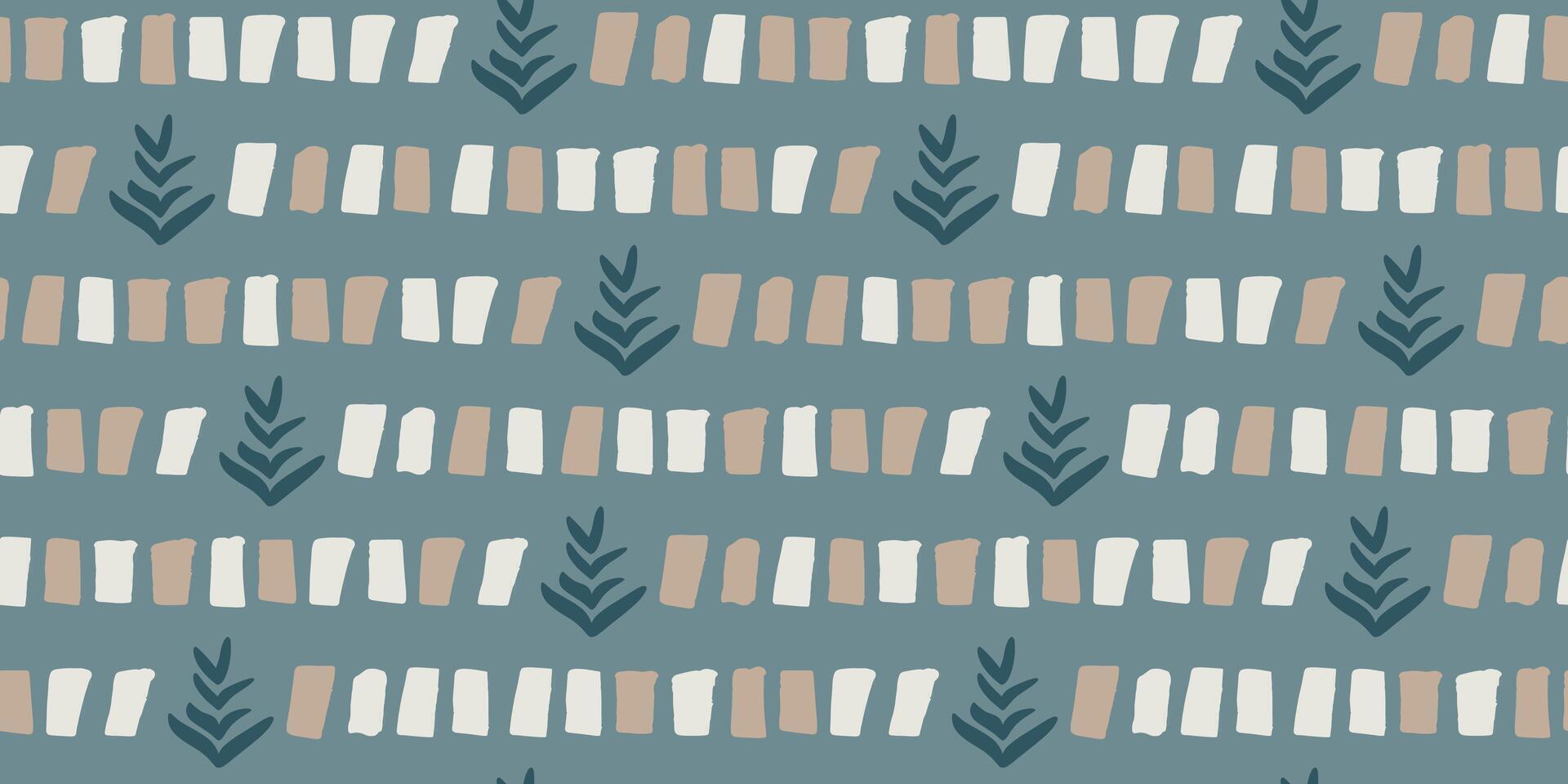 Seamless abstract pattern with hand-painted brush strokes and botanical leaves in beige and white on muted blue background, artistic minimalistic digital design for textile, wallpaper decor horizontal vector
