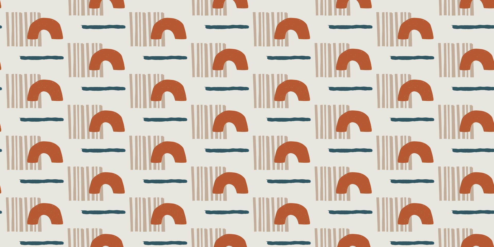 Seamless abstract geometric pattern with minimalist arches, horizontal and vertical lines in earthy tones on light background, modern boho digital design for textile, wallpaper, home decor horizontal vector