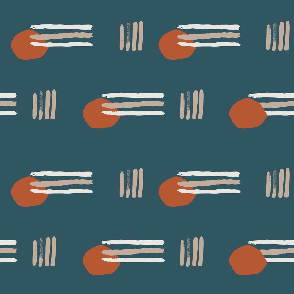 Minimalist abstract seamless pattern with hand drawn brush strokes geometric shapes terracotta elements on dark blue background modern textile wallpaper wrapping digital print home decor square vector
