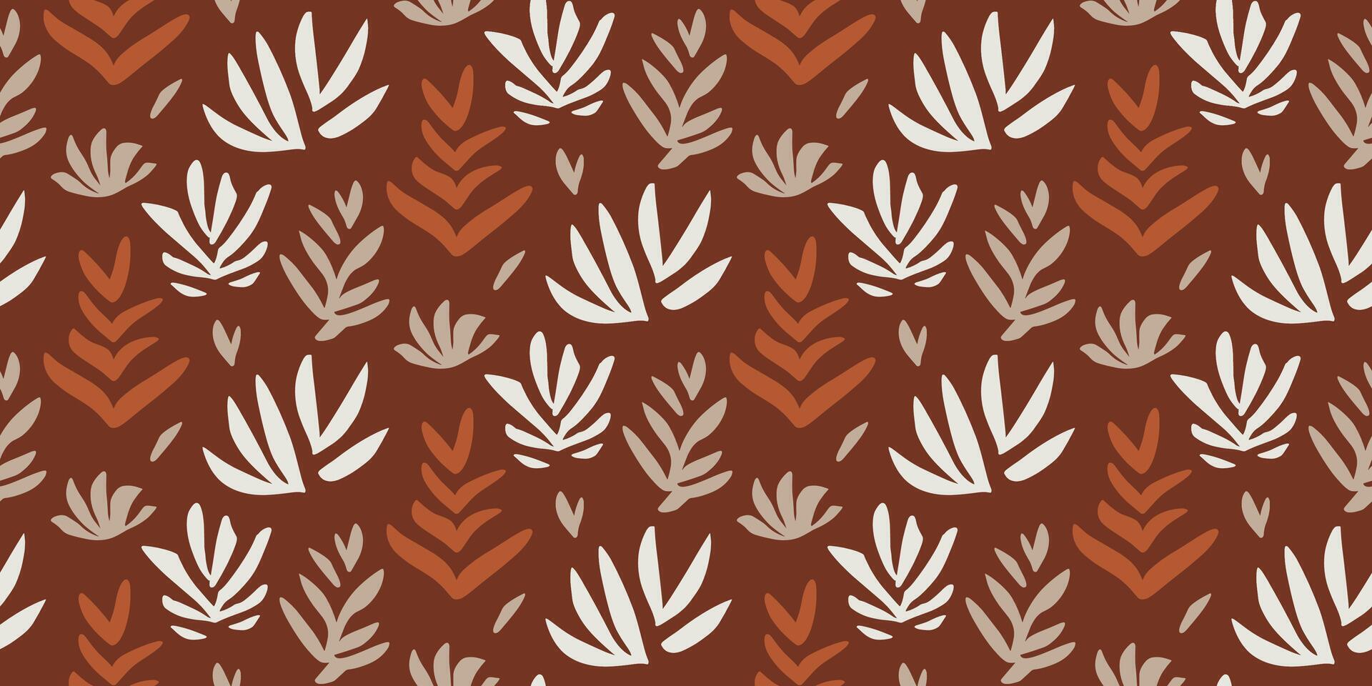 Seamless botanical pattern with hand-drawn leaves abstract foliage modern style in warm earthy tones. Trendy digital background for fabric wallpaper textile home contemporary aesthetic horizontal vector
