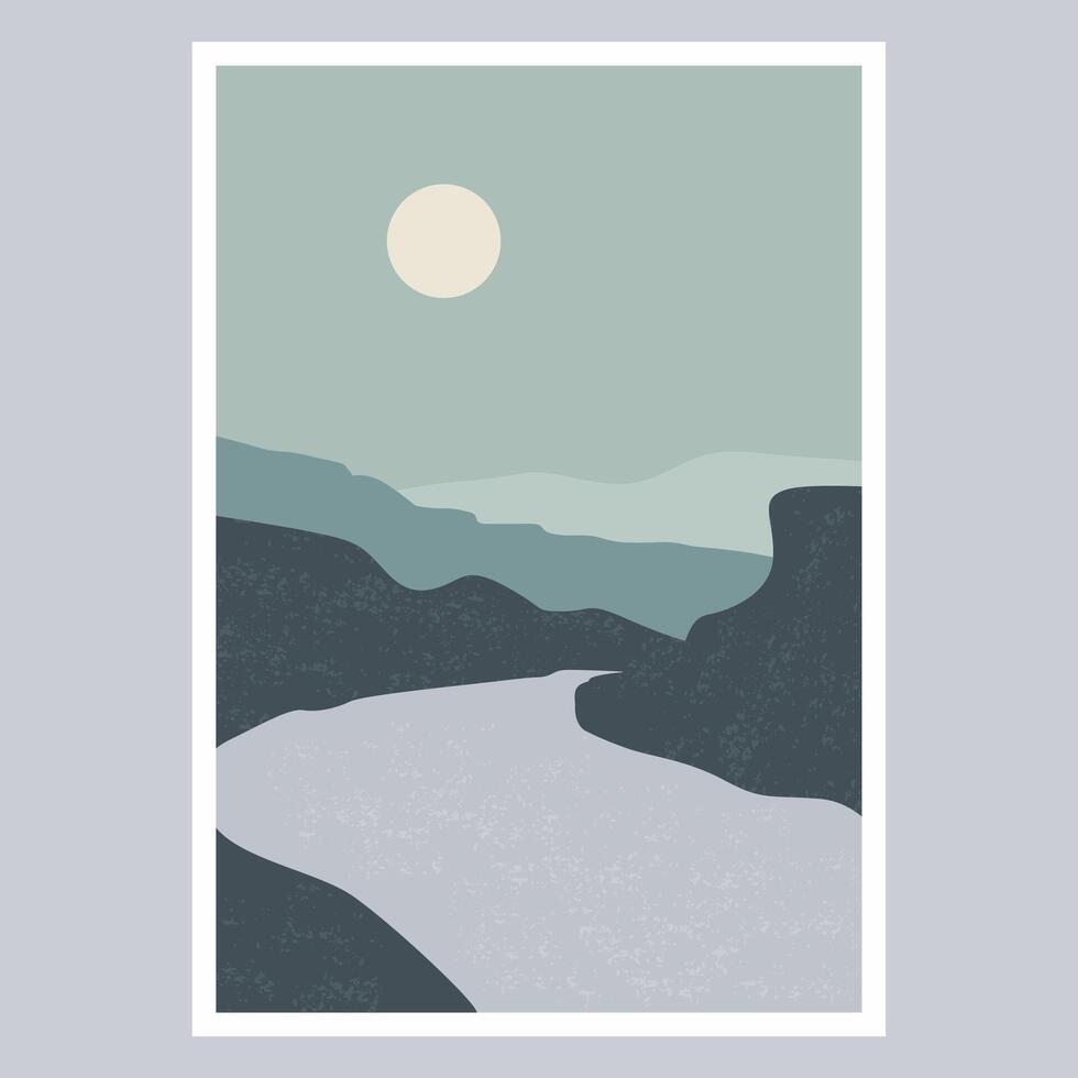 Abstract mountains and river moon wall art poster design vector
