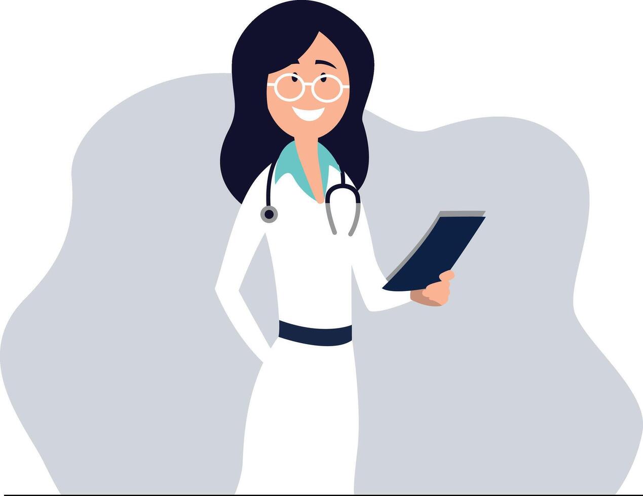 A happy female doctor or nurse in a white coat with a stethoscope and a notebook stands and smiles. vector