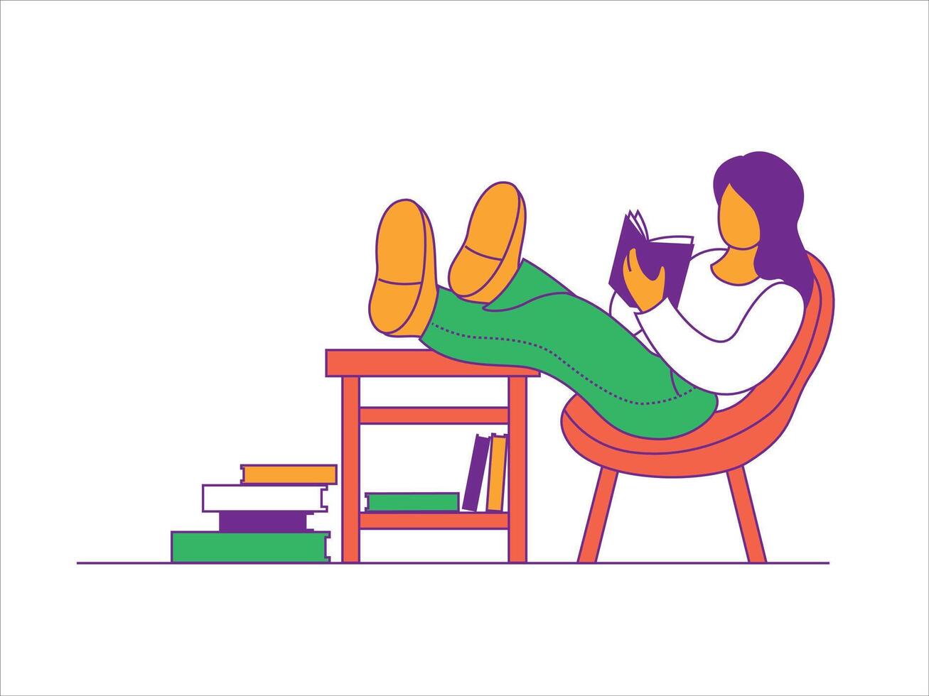 A student girl is sitting relaxed in an armchair and reading a book, there is a stack of books and textbooks nearby. illustration for school, leisure time, hobbies vector