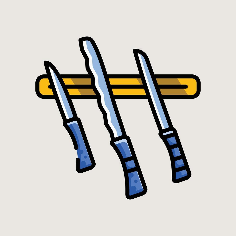 Set of Sharp Kitchen Knives Hanging on Wall Rack in Modern Flat Style Illustration vector
