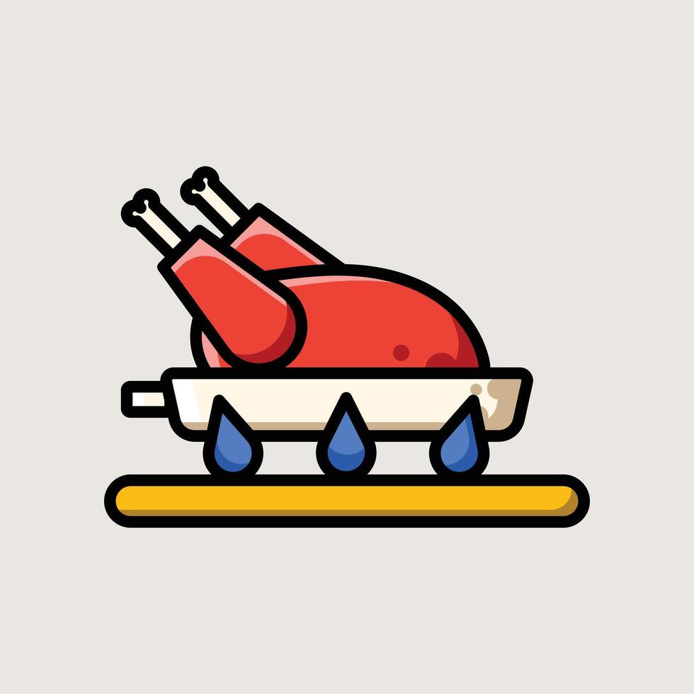 Frying Two Chicken Drumsticks on Pan Over Gas Burner in Colorful Kitchen Icon Style vector