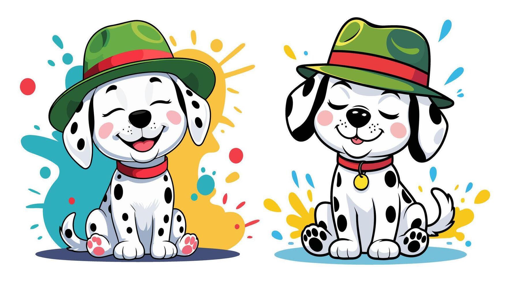 Happy Dalmatian Puppies Wearing Green Hats and Playful Expressions Ideal for Children's Illustrations vector
