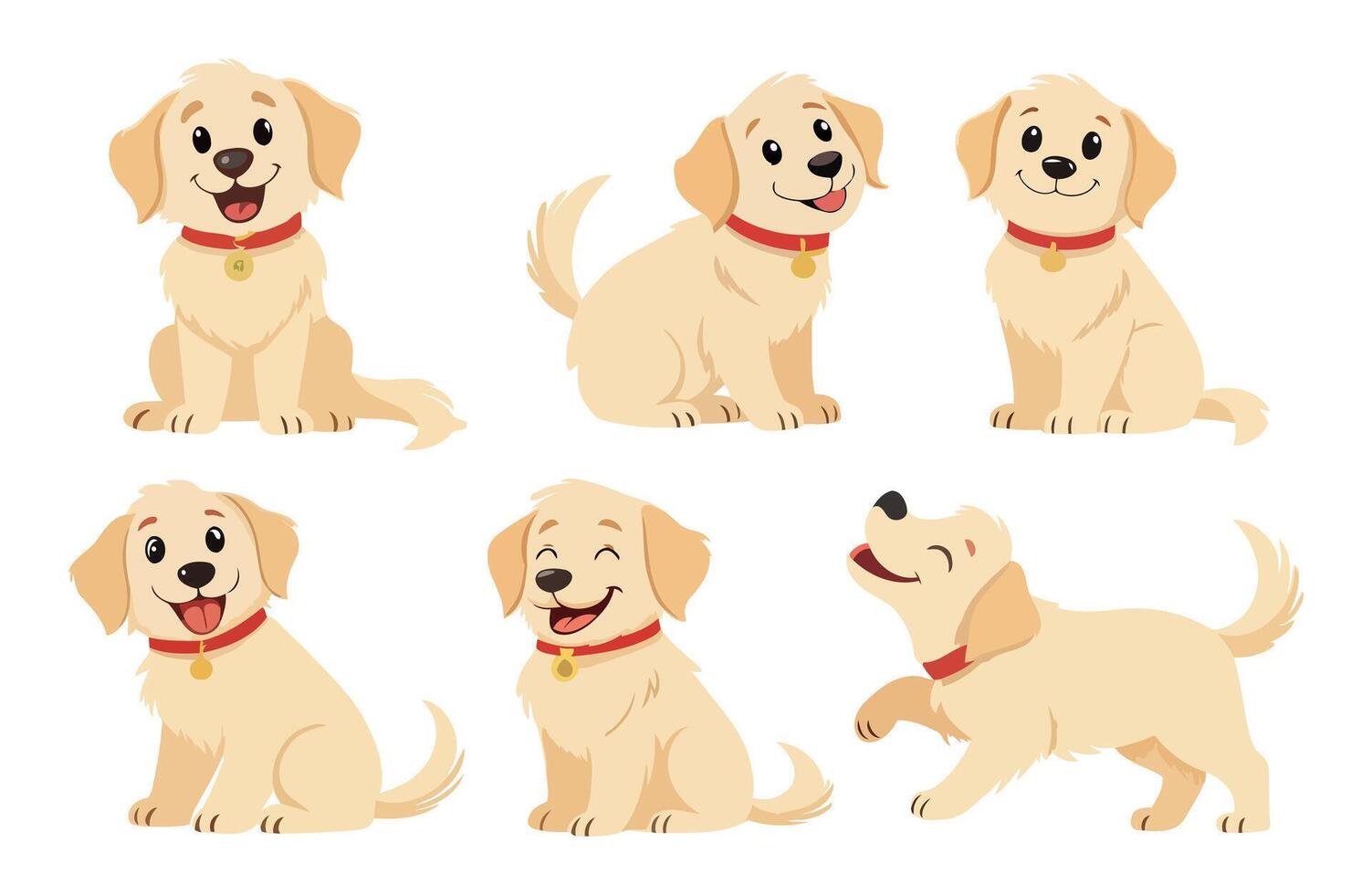 Cute and funny puppy character set featuring cheerful golden dogs with big eyes, wagging tails, and red collars vector