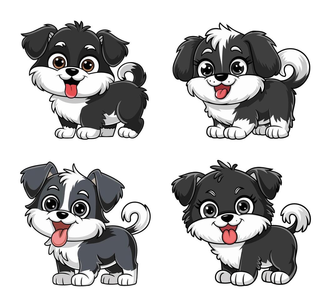 Set of expressive cartoon puppies with fluffy fur and curly tails for children illustration or design use vector