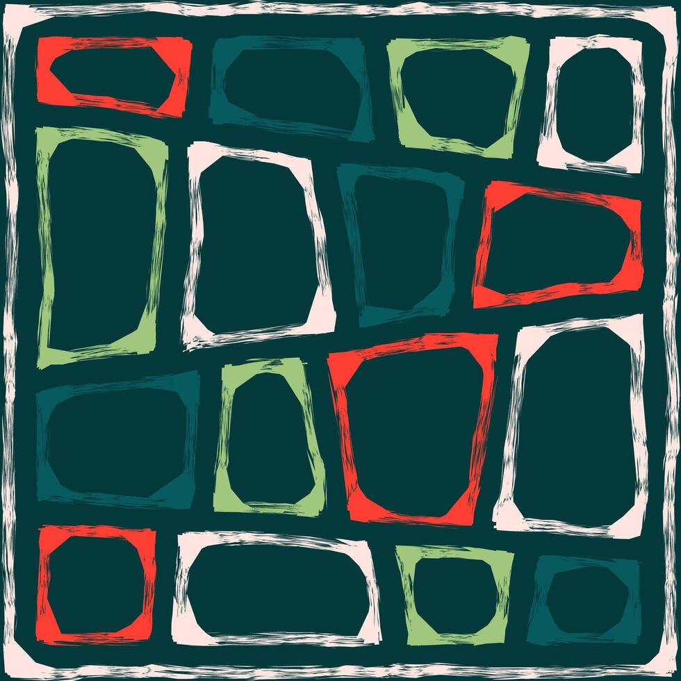Abstract hand drawn square pattern in red, green, white brush strokes on dark background vector